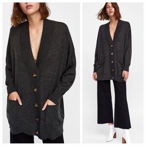 Zara Wool Blend Dark Gray Lightweight Oversized Cardigan with Buttons Size M
